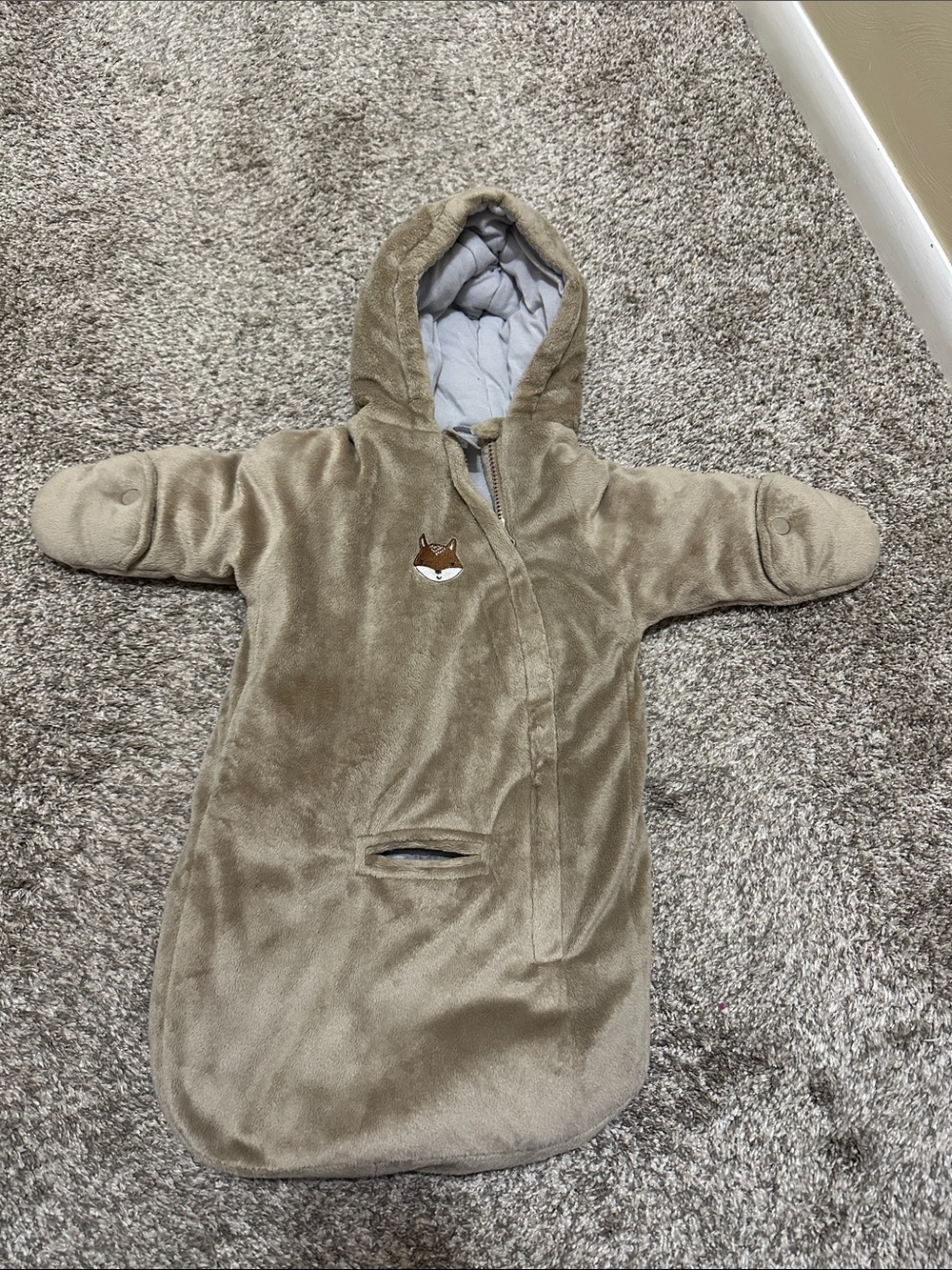 Cozy Baby Hooded Pram with Fox Patch - Taupe